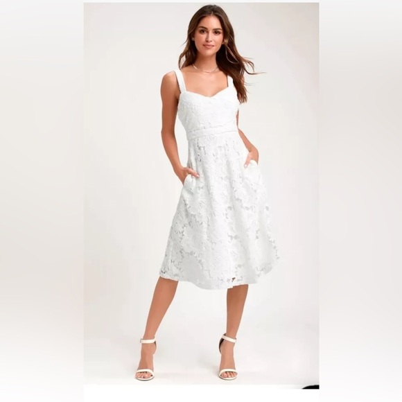 Lulus Dresses & Skirts - Lulus Divine Beauty White Lace Midi Dress With‎ Pockets Size Medium